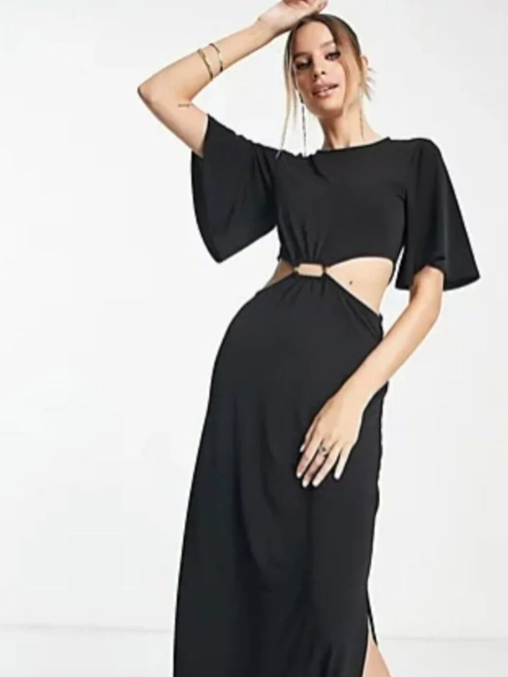 River Island Gold Trim Cut Out Maxi Dress Black Size 10